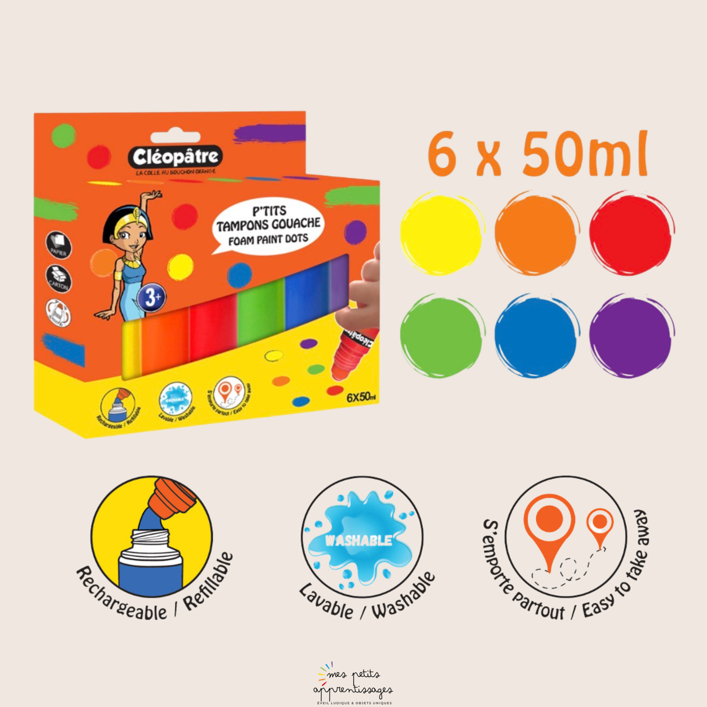 Lot de 6 tampons peinture gouache 50 ml
