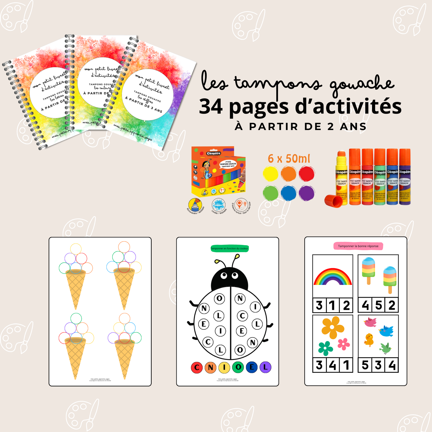 Lot de 3 livrets d’activités pour Tampons gouache dès 2 ans